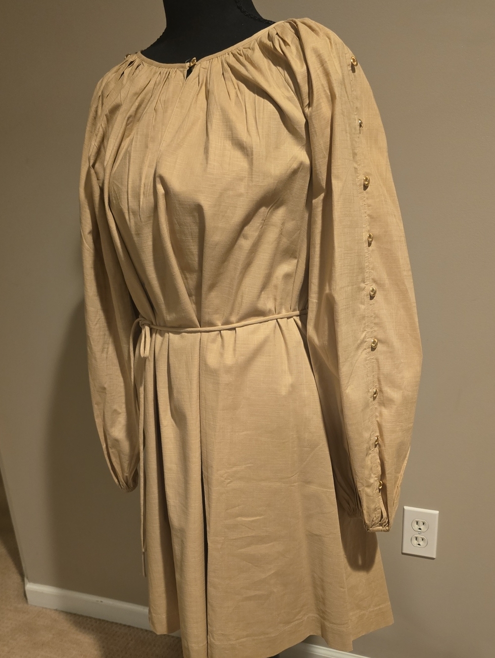 LOFT Cream Long-Sleeve Button-Sleeve Tie-Waist Dress